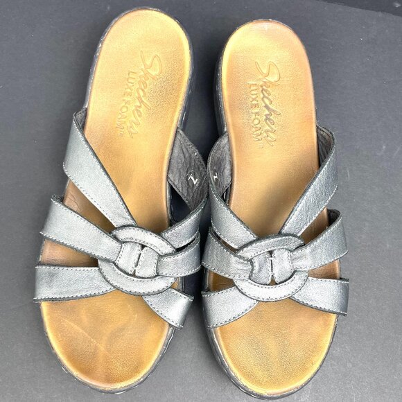 Skechers Women’s Luxe Foam Sandals Metallic Grey Slip-On Comfort Shoes Size 7 - Picture 3 of 8